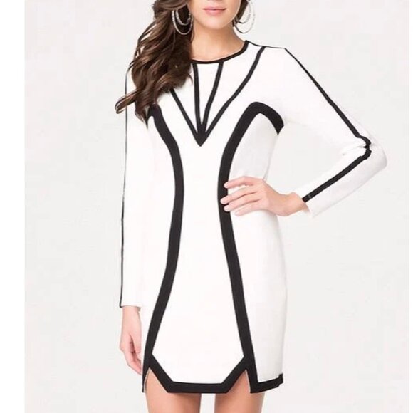 💥SHOWSTOPPER!💥Colorblock Bodycon Trimmed Mini Dress in Ivory & Black - Picture 8 of 16